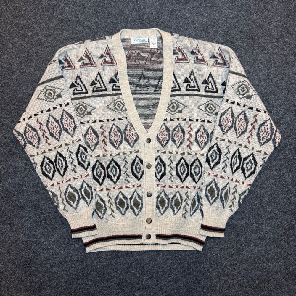 Vintage Fierte s.r.l. Italy Mohair Wool Geometric Knit Cardigan Sweater Mens M